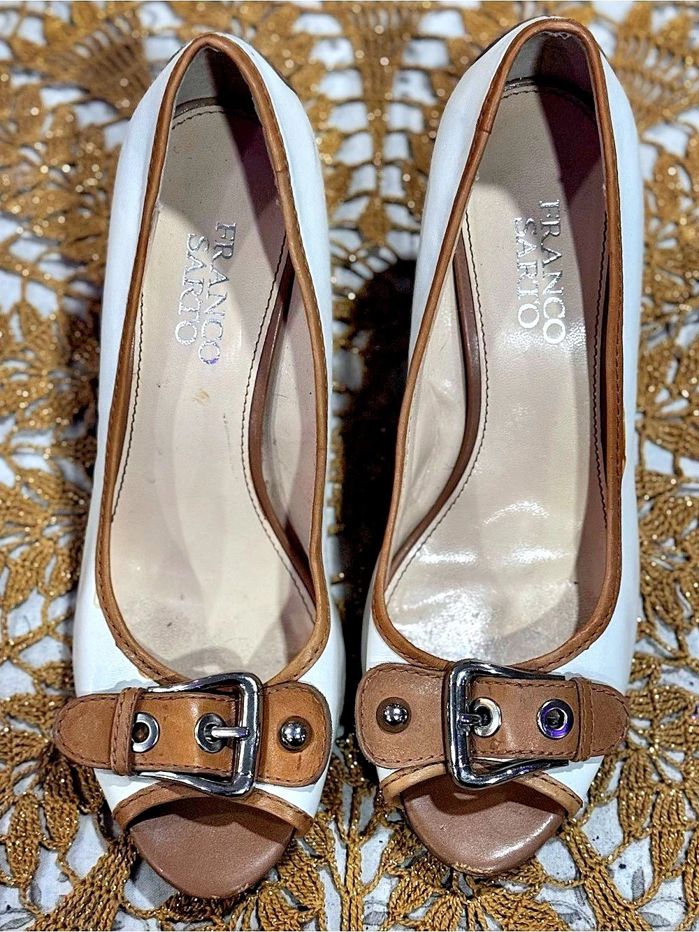 Franco Sarto Salute Buckle Heels White & Brown US 7.5